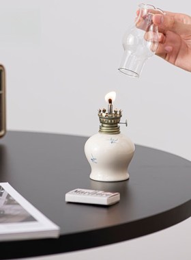 农村老式煤油灯复古手绘陶瓷酥油灯茶道配件茶空间氛围蜡烛灯照明