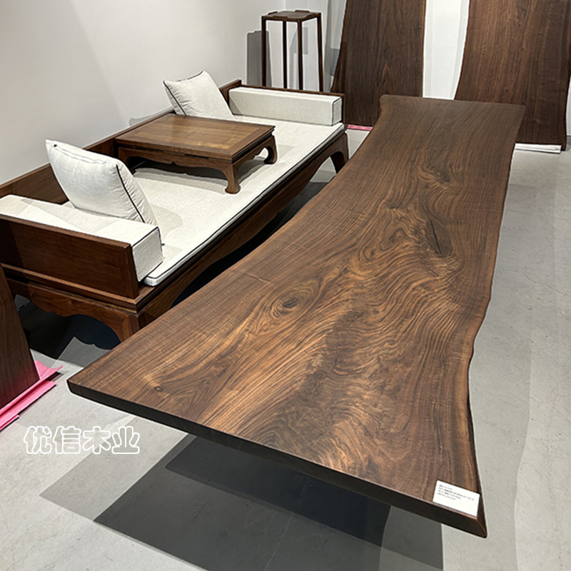 北美黑胡桃木大板原木茶室茶桌实木办公桌书桌自然边餐桌茶台轻奢 - 图1