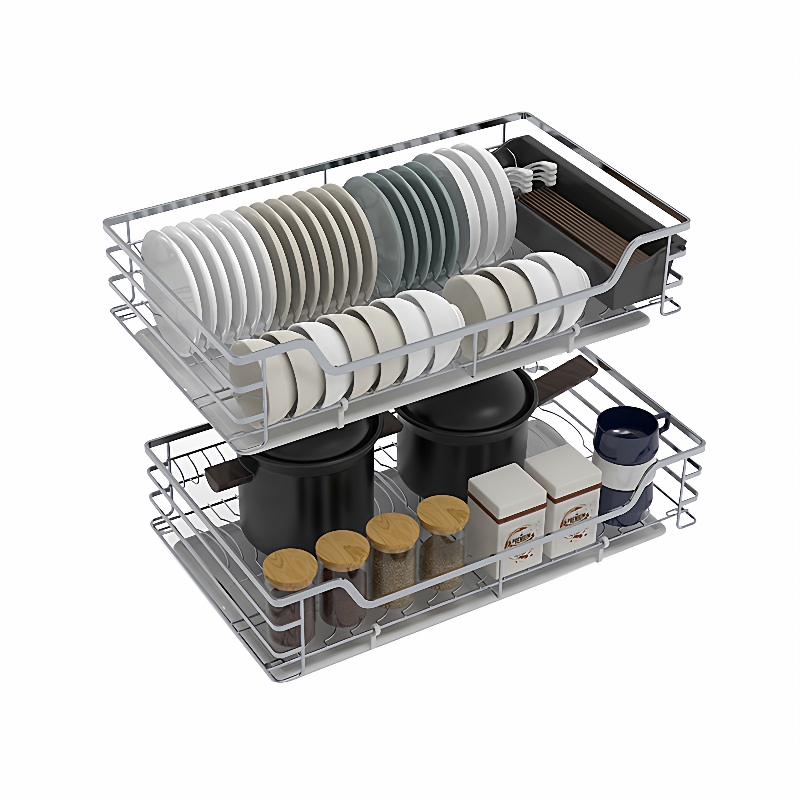 海帝斯黑304不锈钢拉篮厨房橱柜双层缓冲开门式碗碟碗柜抽屉 - 图3
