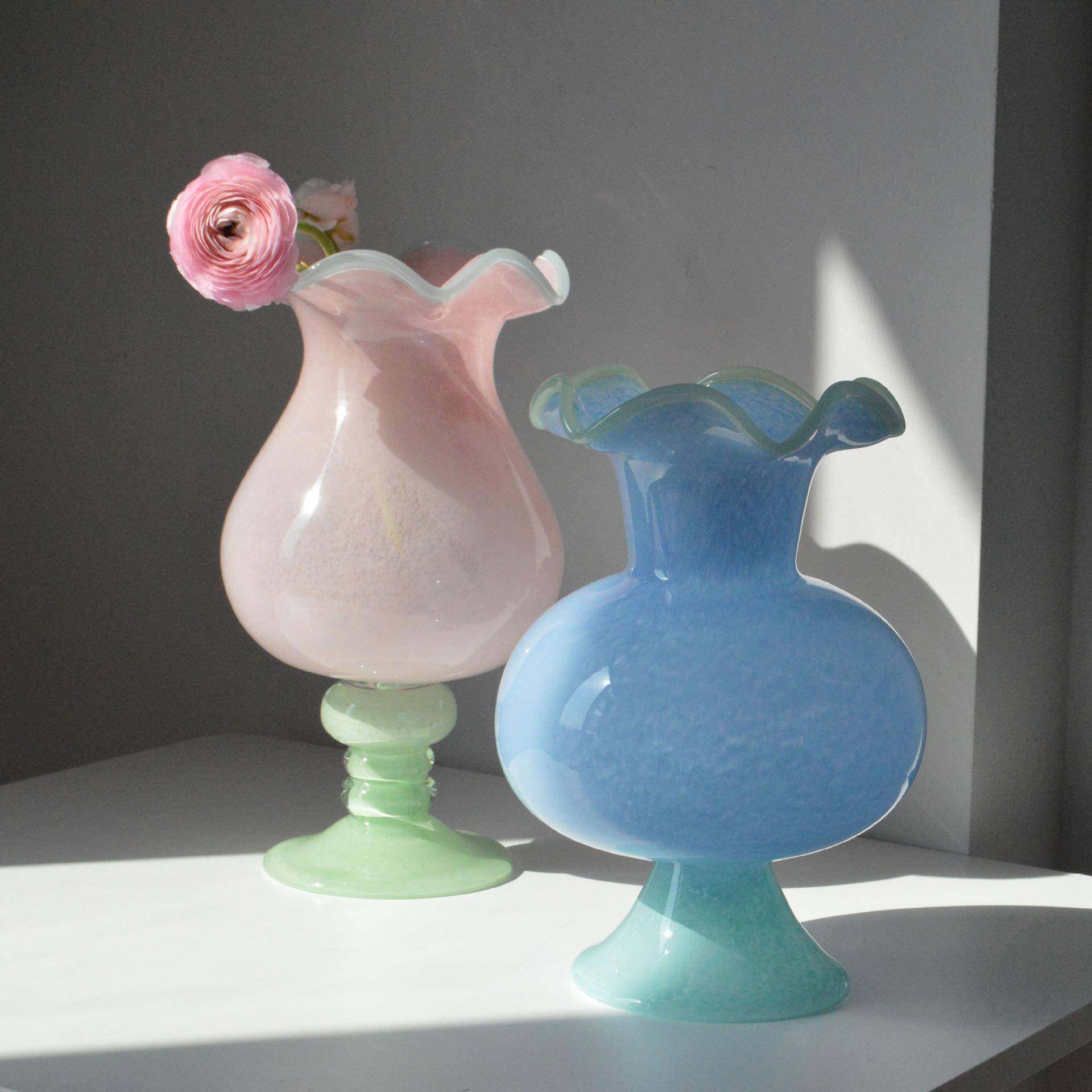 法式欧式北欧小清新多巴胺粉蓝色高脚风灯花瓶琉璃玻璃艺术插花器,淘宝优惠券,粉丝福利购,淘宝优惠卷