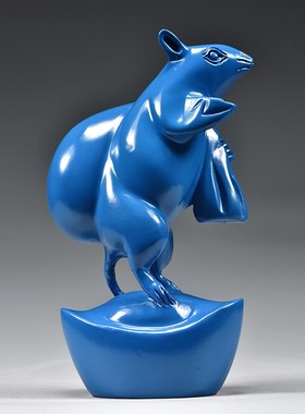 蓝色木雕刻老鼠摆件动物十二生肖鼠客厅家居客厅饰品红木工艺品