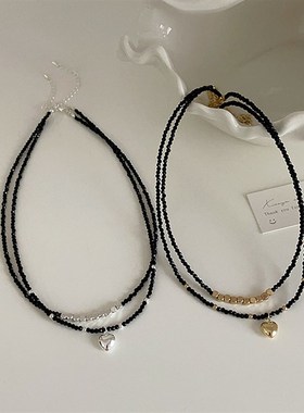 黑色水晶金属爱心项链女小众设计复古个性简约百搭气质颈链锁骨链