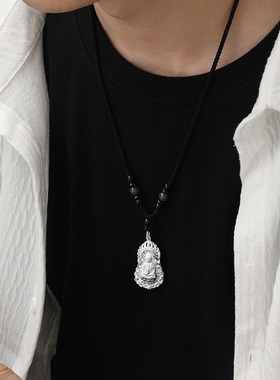990纯银观世音项链男士轻奢小众编绳吊坠潮流百搭菩萨护身银颈饰