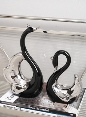 现代情侣黑天鹅摆件抽象轻奢玄关客厅桌面摆件高档软装家居结婚礼