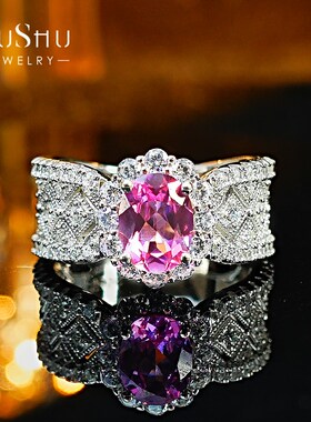 新款花朵蕾丝925银卢比来粉碧玺戒指镶嵌高碳钻冰花切气质小众女