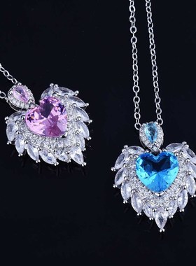 儿童爱心水晶项链天使之翼吊坠蓝色心形项坠时尚锁骨链学生日礼物