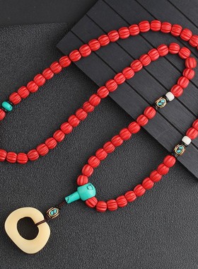 牛骨吊坠民族风挂件项链配饰红色朱砂毛衣链长款棉麻百搭简约大气