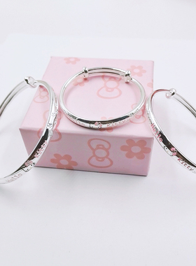 999宝宝纯银手镯卡通小猫咪公主学生银镯子女儿童满月礼物亲子款