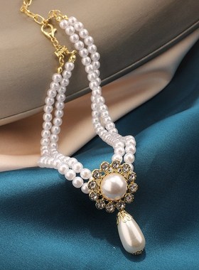复古宫廷风轻奢镶钻双层珍珠项链赫本优雅气质锁骨链宴会礼服配饰