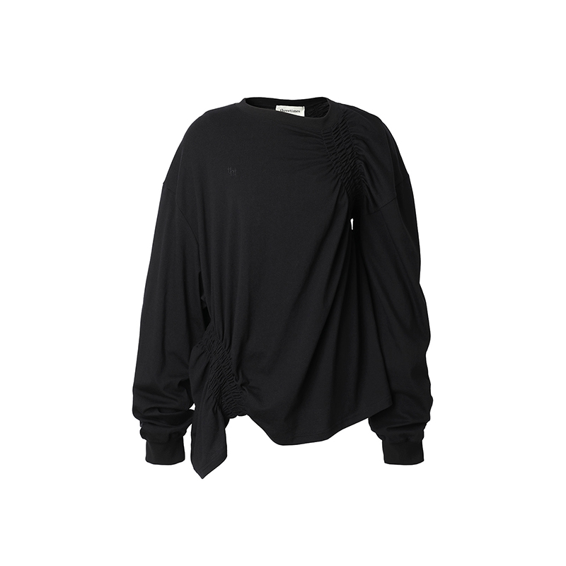 threetimes2025新款男女早秋美式慵懒风长袖t恤不规则设计感上衣 - 图3
