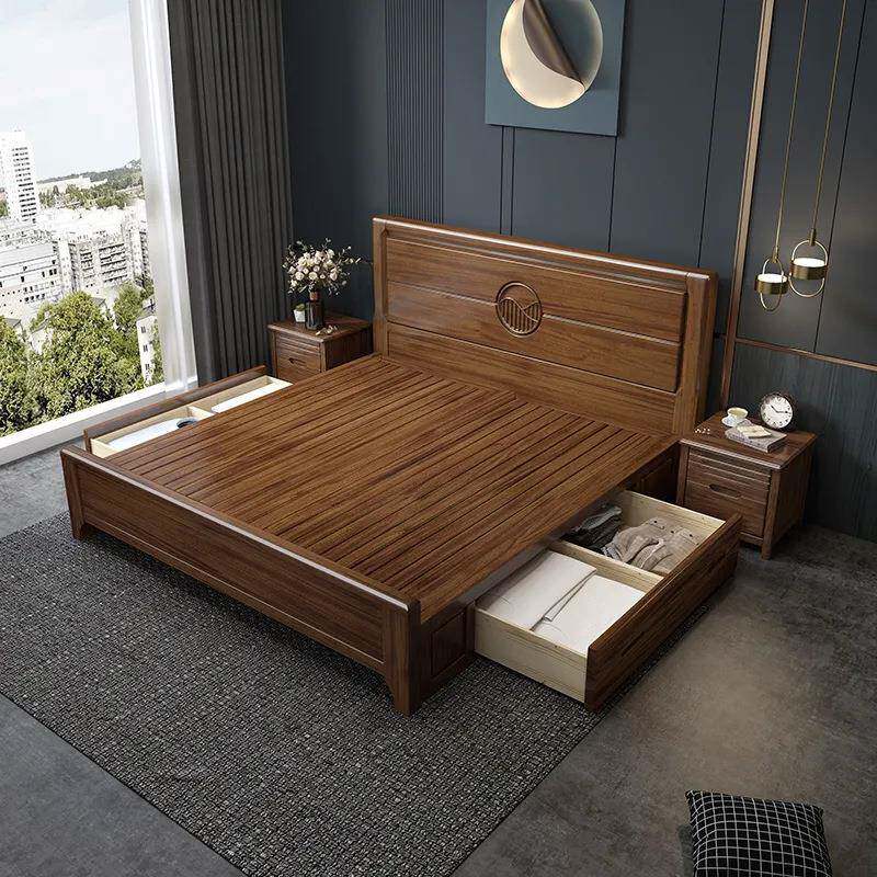 新中式胡桃木实木床1.8米双人床2米大床1.5m单人床高箱储物主卧床 - 图1
