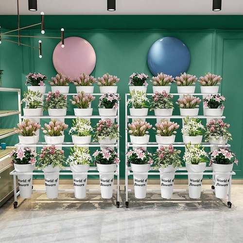 花店鲜花展示架多层阶梯花架可移动铁艺花架花店多功能花桶展示架 - 图1