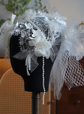 梦幻质感绢纱立体烫花法式头纱帽新娘头饰婚纱跟妆旅拍高级感配饰