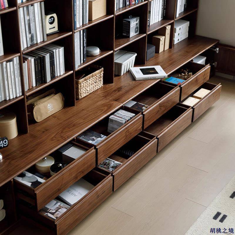 北欧实木黑胡桃木书柜满墙落地带卡座书架组合现代简约格子置物架 - 图2