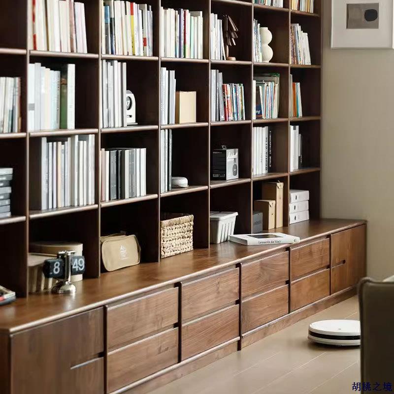 北欧实木黑胡桃木书柜满墙落地带卡座书架组合现代简约格子置物架 - 图1