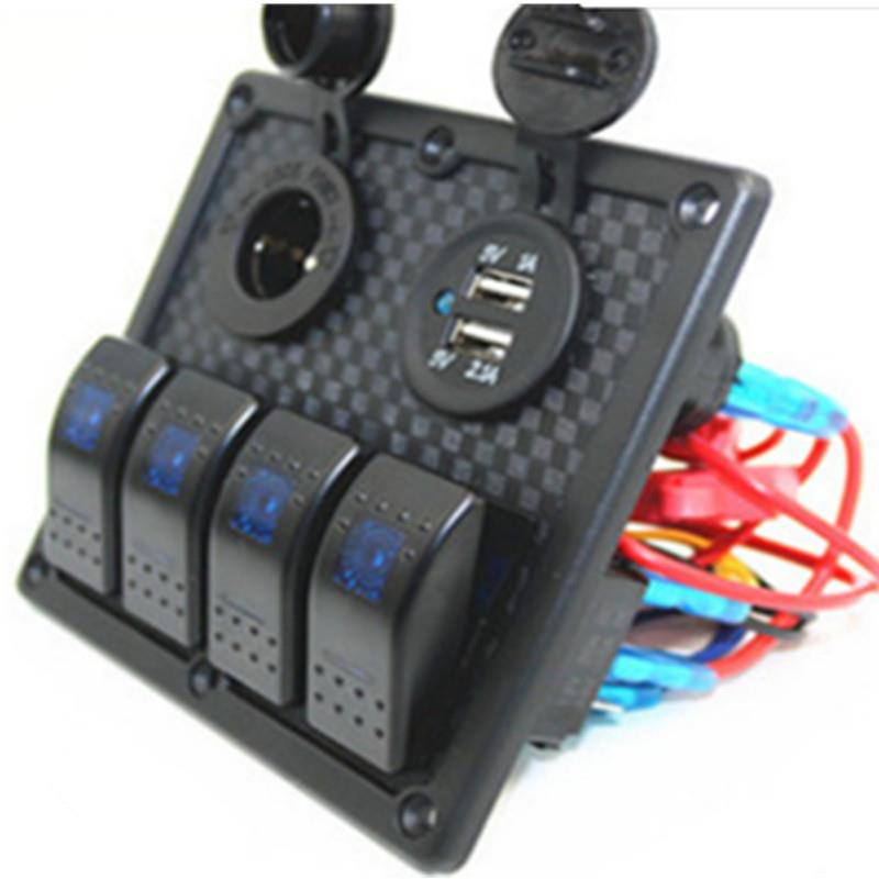 4位船型开关面板ON-OFF双灯配双USB+12V电源汽车4GANG开关板z - 图0