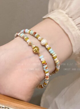 天然淡水珍珠寿山石手链女夏复古轻奢高级感手串彩色双层磁吸手饰