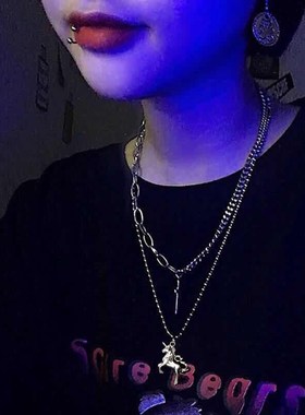 双层叠戴长款项链女甜酷辣妹风卫衣装饰品男毛衣链轻奢高级感吊坠