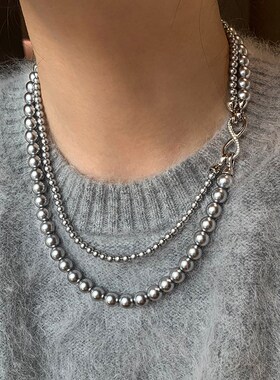 法式澳白色珍珠项链女双层叠戴毛衣链2024新款高级感轻奢小众颈链