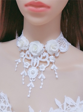 白色流苏夸张大项链脖子饰品颈带珍珠吊坠锁骨链颈饰颈链低领配饰