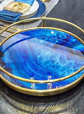 轻奢风金框石纹托盘 家居客厅茶几茶具杯具收纳装饰托盘