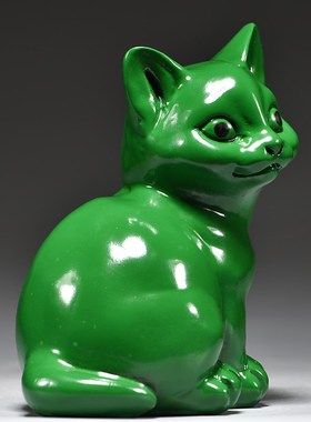 绿色实木质猫咪雕刻摆件动物木头小猫家居客厅房屋补角装饰工艺品