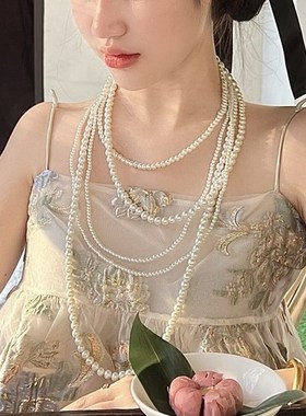 韩国多层珍珠项链女时尚颈链叠戴复古小众锁骨链女高级毛衣链配饰