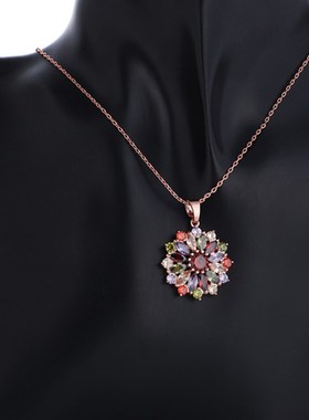 水晶七彩钻项链 韩国时尚花朵镶钻超闪锆石吊坠短款锁骨链配饰女