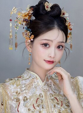 芸琪新娘结婚秀乐旗袍晨袍配饰龙凤袿古风汉服红色发饰金色头饰
