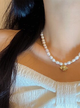 幸福摇铃磨砂哑金铃兰花淡水珍珠项链 轻奢小众文艺复古锁骨链