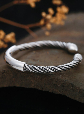 999纯银手镯女简约麻花光面实心手环 开口复古民族风银镯子送女友