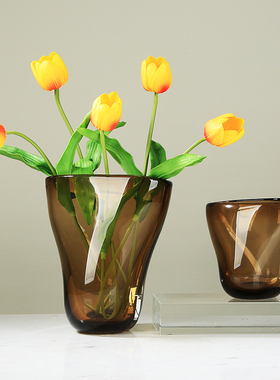 咖色琉璃花瓶摆件现代轻奢客厅酒店餐厅玄关可水培插花花器装饰品