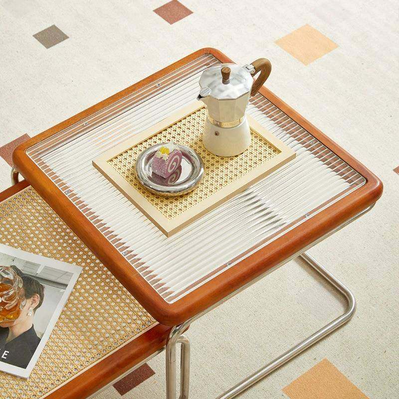 家用小户型玻璃边几客厅不锈钢子母方桌组合复古网红藤编中古茶几,淘宝优惠券,粉丝福利购,淘宝优惠卷