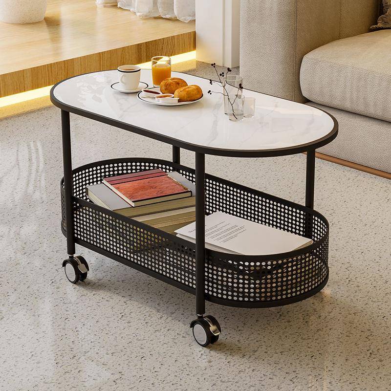 创意客厅沙发岩板边几带轮可移动小茶几中古小推车艺术床头柜边桌 - 图1