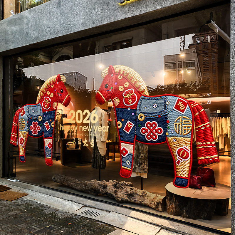 新年装饰布置窗贴春节创意小马装扮静电贴2026过年橱窗玻璃门贴纸,淘宝优惠券,粉丝福利购,淘宝优惠卷