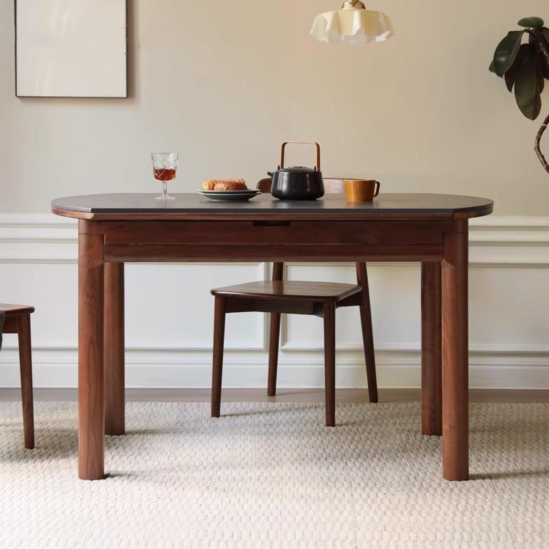 岩板小户型折叠饭桌餐桌家用黑胡桃木全实木简约伸缩圆桌子 - 图0