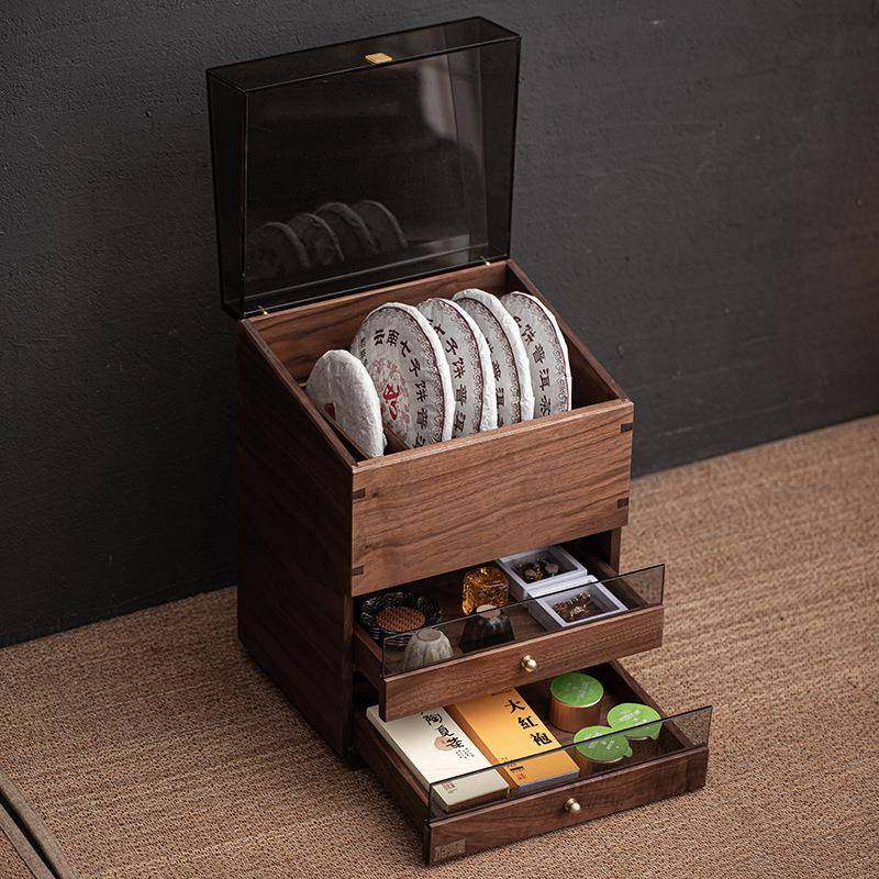 胡桃木中式多层收纳柜桌面储物抽屉式台面防尘柜置物架茶饼收纳盒,淘宝优惠券,粉丝福利购,淘宝优惠卷