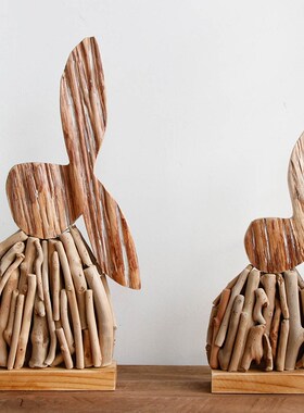 纯手工木质做旧装饰品兔子民宿家居桌面玄关摆件