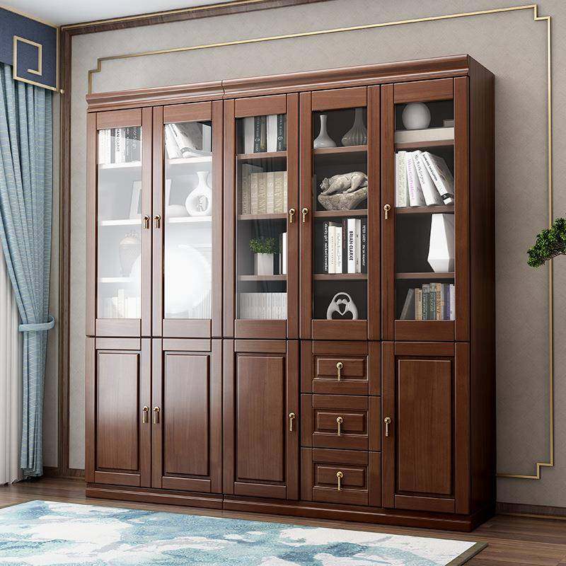 爆款新中式书柜落地带门置物架展示柜全实木玻璃橱窗组合书房家具,淘宝优惠券,粉丝福利购,淘宝优惠卷