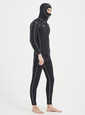 5MM带帽潜水服分体前开斜开拉链防寒保暖冲浪黑深潜自由潜潜水衣