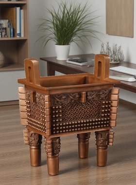 中式紫铜方鼎纯手工雕刻摆件