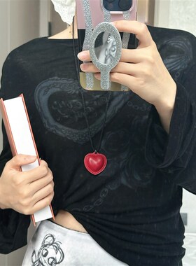 2024年秋冬双面立体棕色绒面爱心项链  皮质桃心甜酷尼龙绳毛衣链