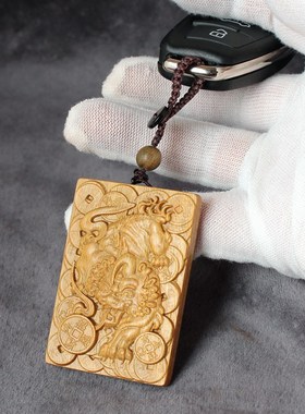 绿檀木貔貅吊坠男士招财貔恘木雕个性创意刻字项链车钥匙挂件定制