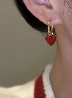 双面红色爱心耳环女秋冬小众设计感酒红色耳饰耳钉耳扣气质耳坠女