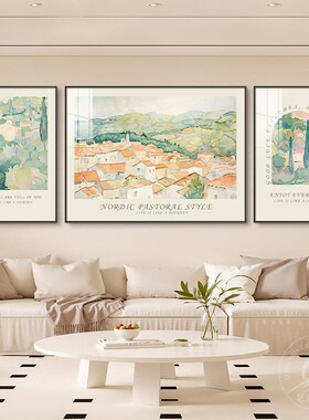 北欧田园风莫奈客厅装饰画法式奶油风景三联画名画沙发背景墙挂画