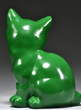 绿色实木质猫咪雕刻摆件动物木头小猫家居客厅房屋补角装饰工艺品