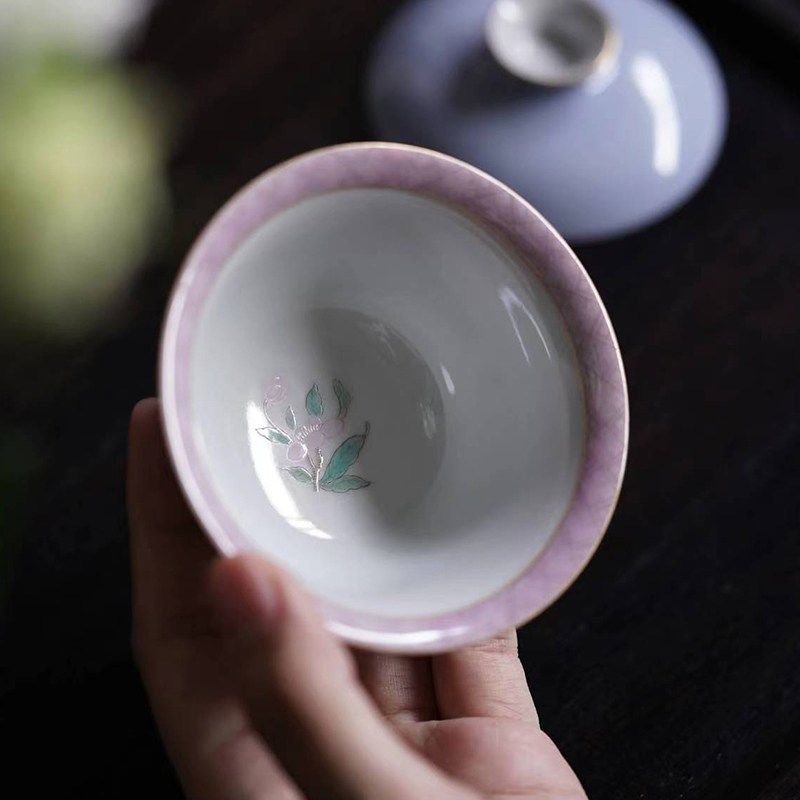 赋山堂云山蓝碧桃盖碗粉彩手工手绘单个陶瓷泡茶碗,淘宝优惠券,粉丝福利购,淘宝优惠卷