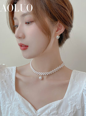 项链女锁骨链合成珍珠颈链短款2021年新款潮网红新娘法式复古简约