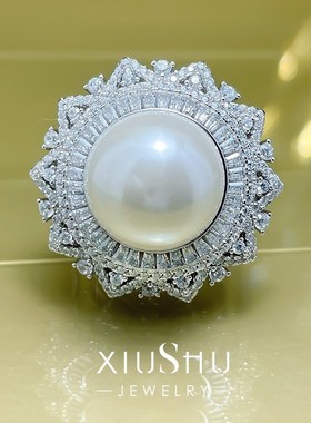 重工豪镶贝母珍珠戒指满钻澳白强光正圆925银食指夸张大首饰套装