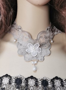 2024新品蕾丝颈链领子短链锁骨遮盖脖带舞台配饰银灰色女